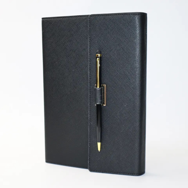 Personal Daily Black Notebook Printed Planner Diary Customized Leather Journal With Pen 